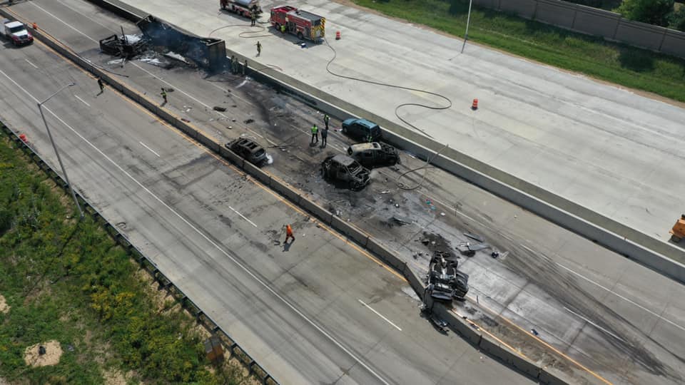 Drone images show at least 5 cars, one semi destroyed in fiery ...